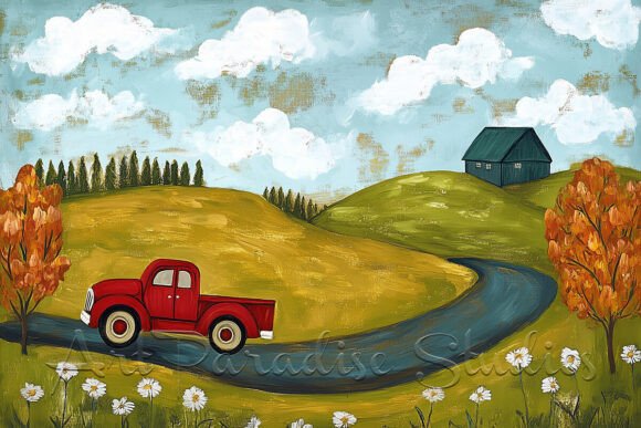 Download Red Truck Rolling Hills Country Print - Rolling hills Collection